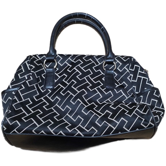 Tommy Hilfiger Satchel Handbag Purse Black White Geometric Print Faux Leather - Picture 2 of 12